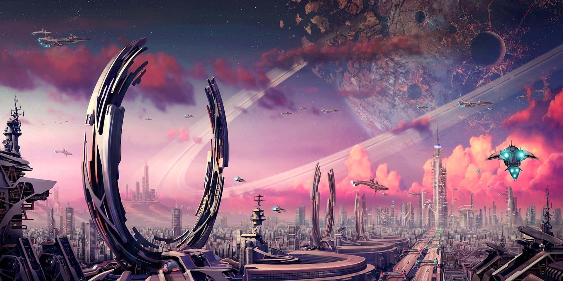 Future Pink Sky Spaceship Desktop