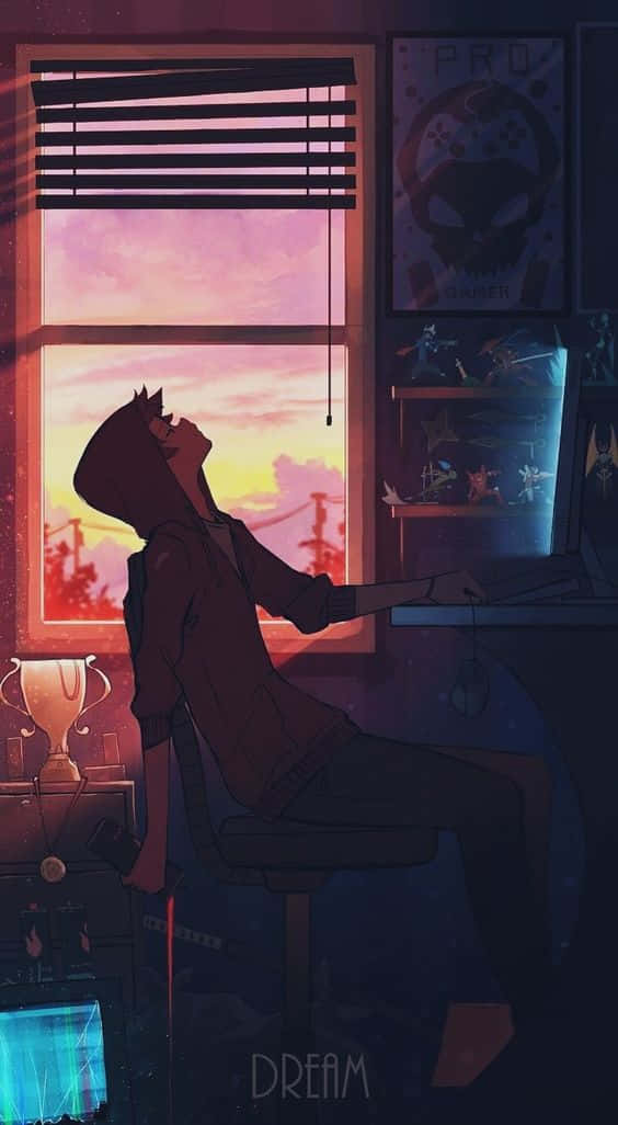 Futurist Anime Boy With A Cool Computer Setup Background