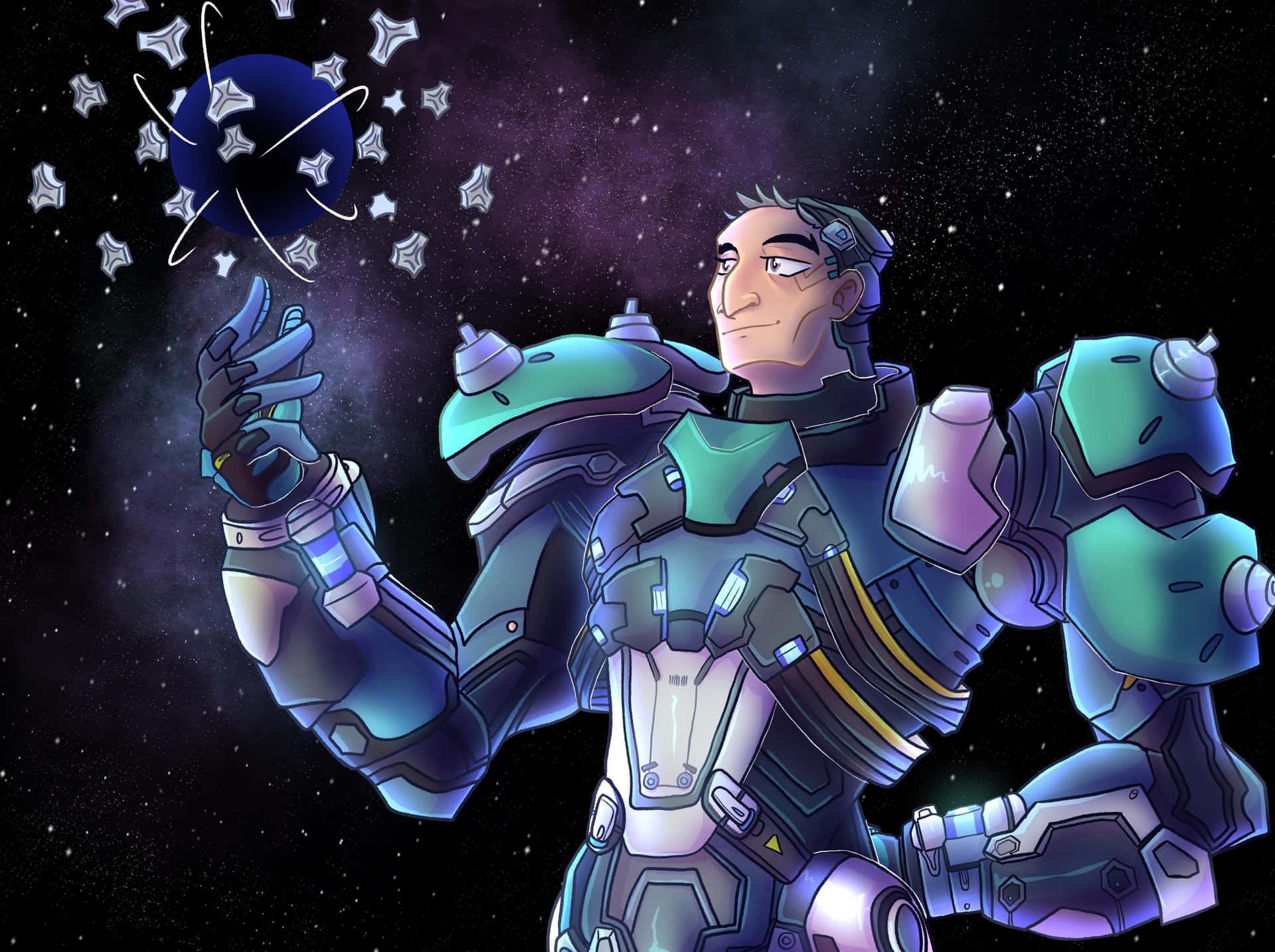 Futuristic_ Armor_ Astronaut_with_ Stars Background