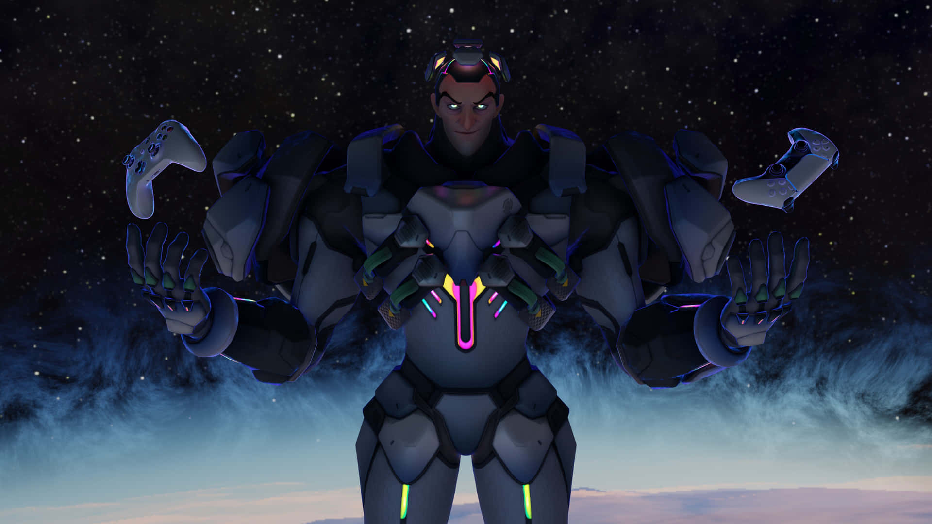 Futuristic Armored Character Night Sky Background