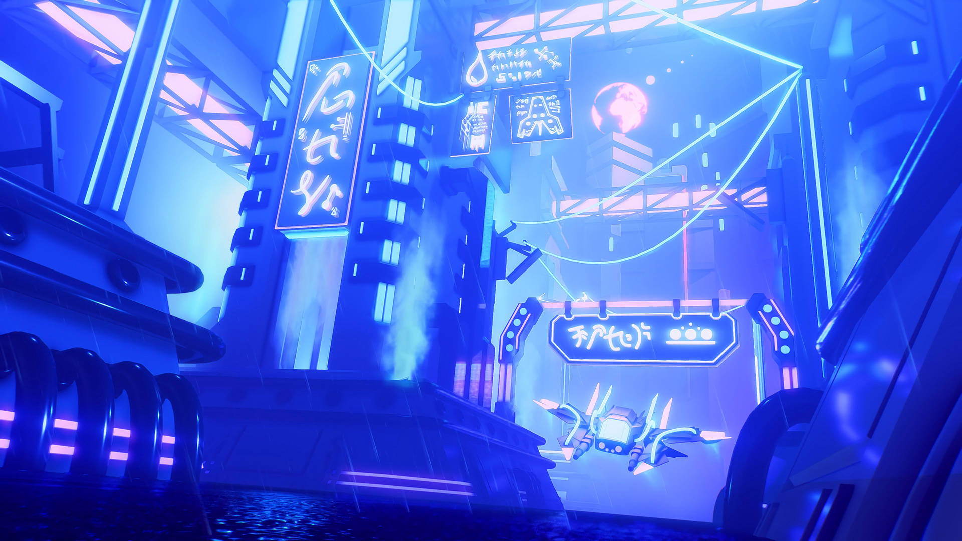 Futuristic Battle Patrol Spaceship In Cyberpunk City Background