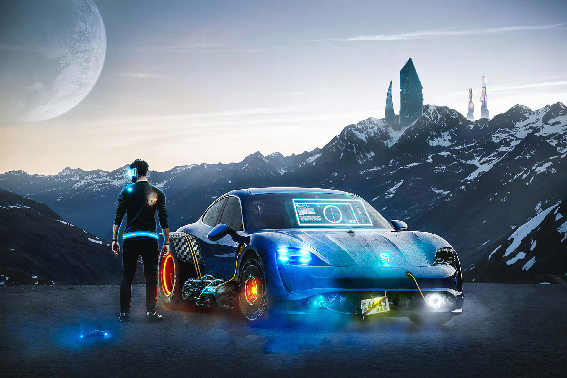 Futuristic Carand Driver Mountain Landscape Background