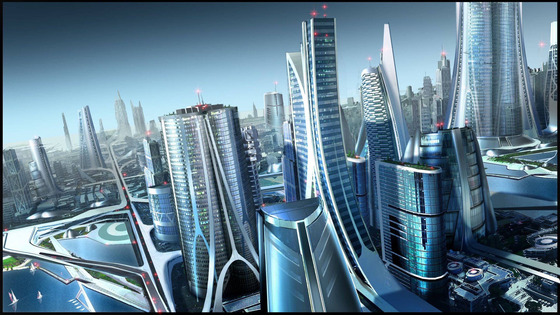 Futuristic City In Dazzling Blue Background