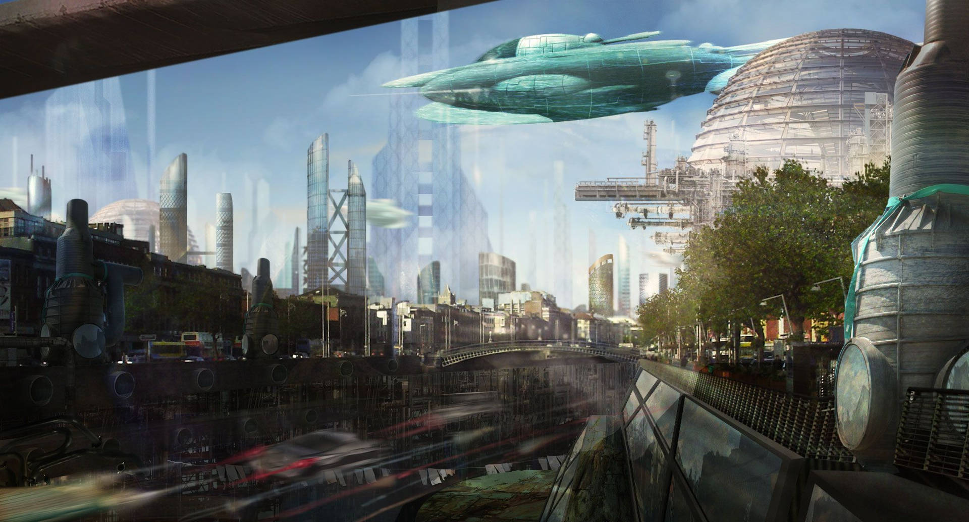 Futuristic City With Air Shuttle Background