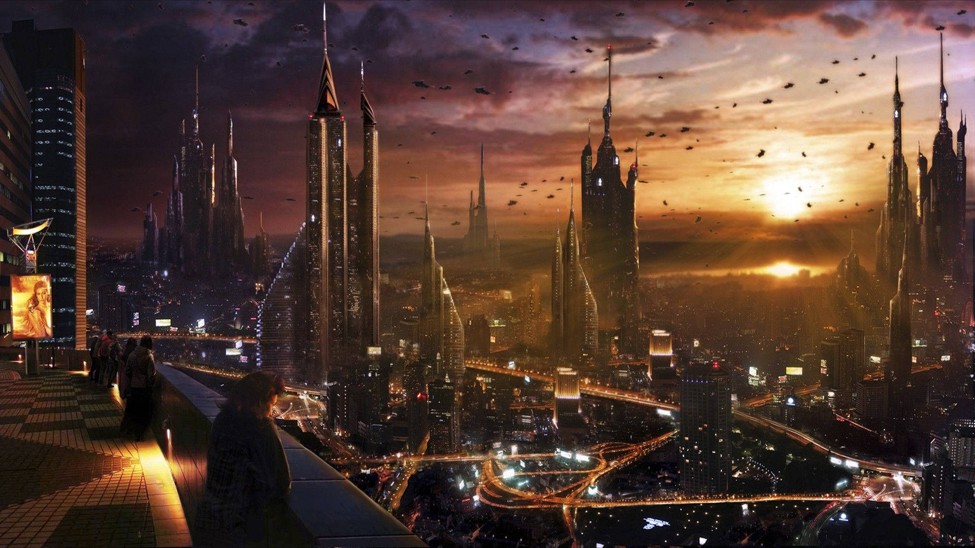 Futuristic City With Golden Sunset Background