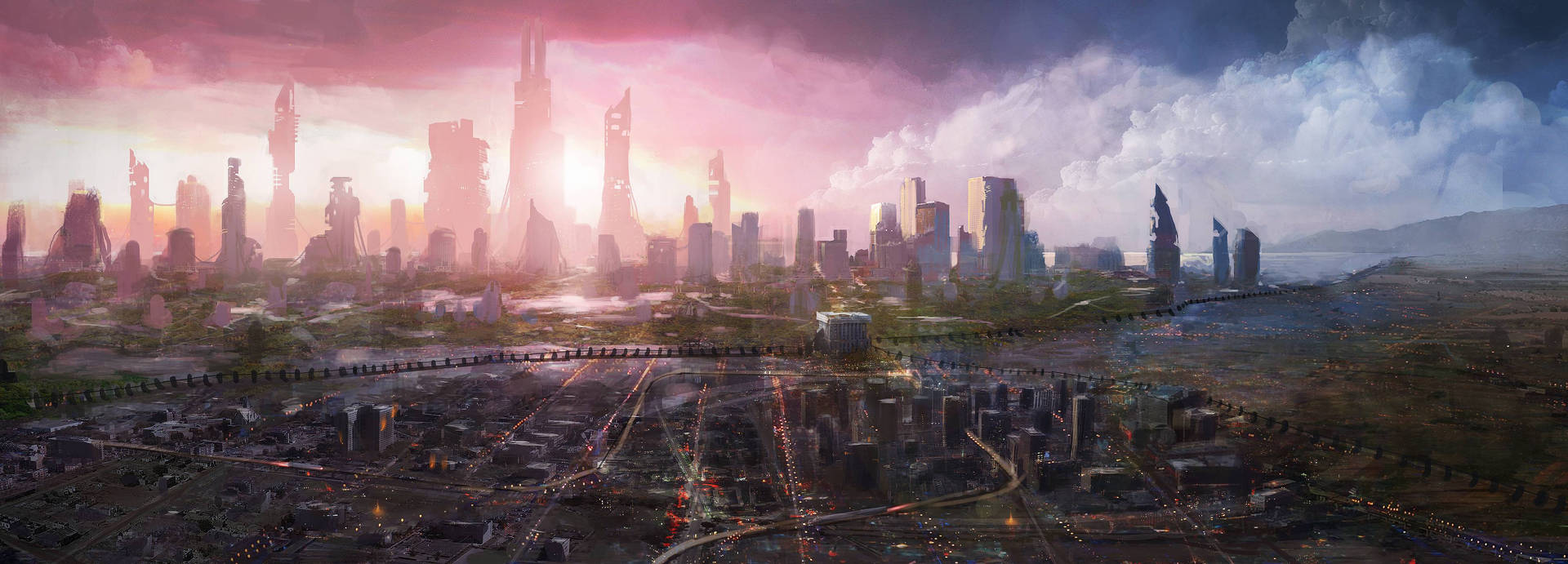 Futuristic City With Pink Sky Background