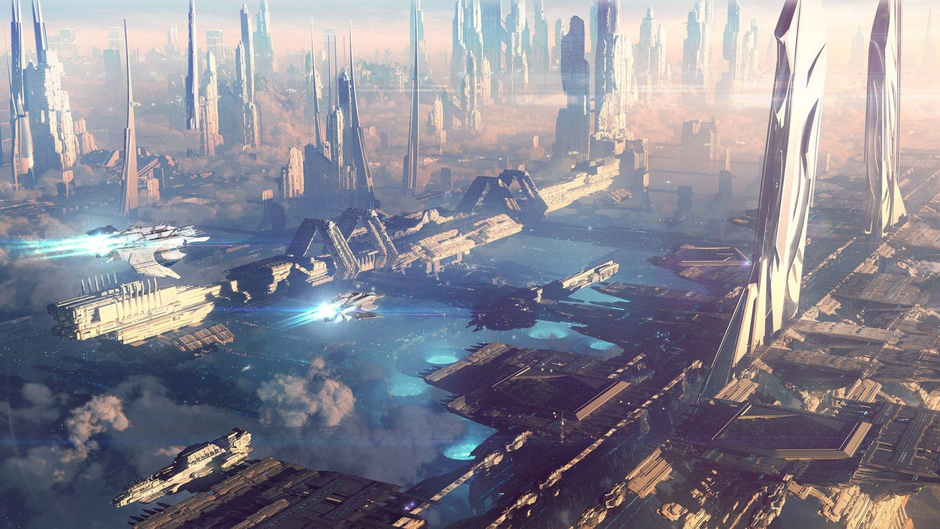 Futuristic City With Tall Buildings Background