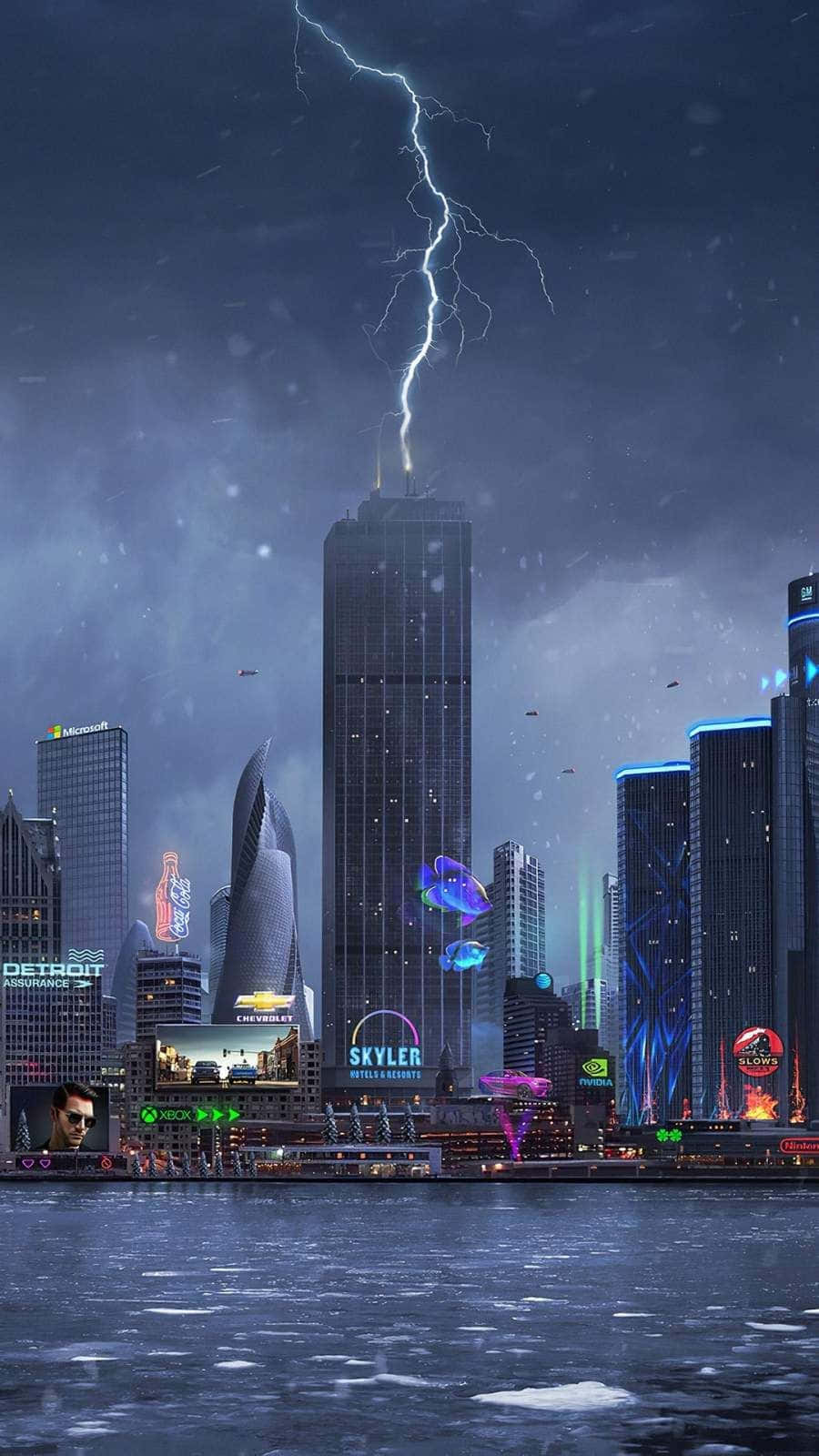 Futuristic Cityscape Lightning Strike