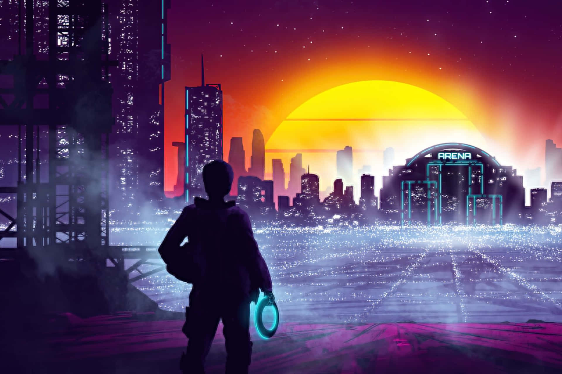Futuristic_ Cityscape_with_ Figure_and_ Sunset Background