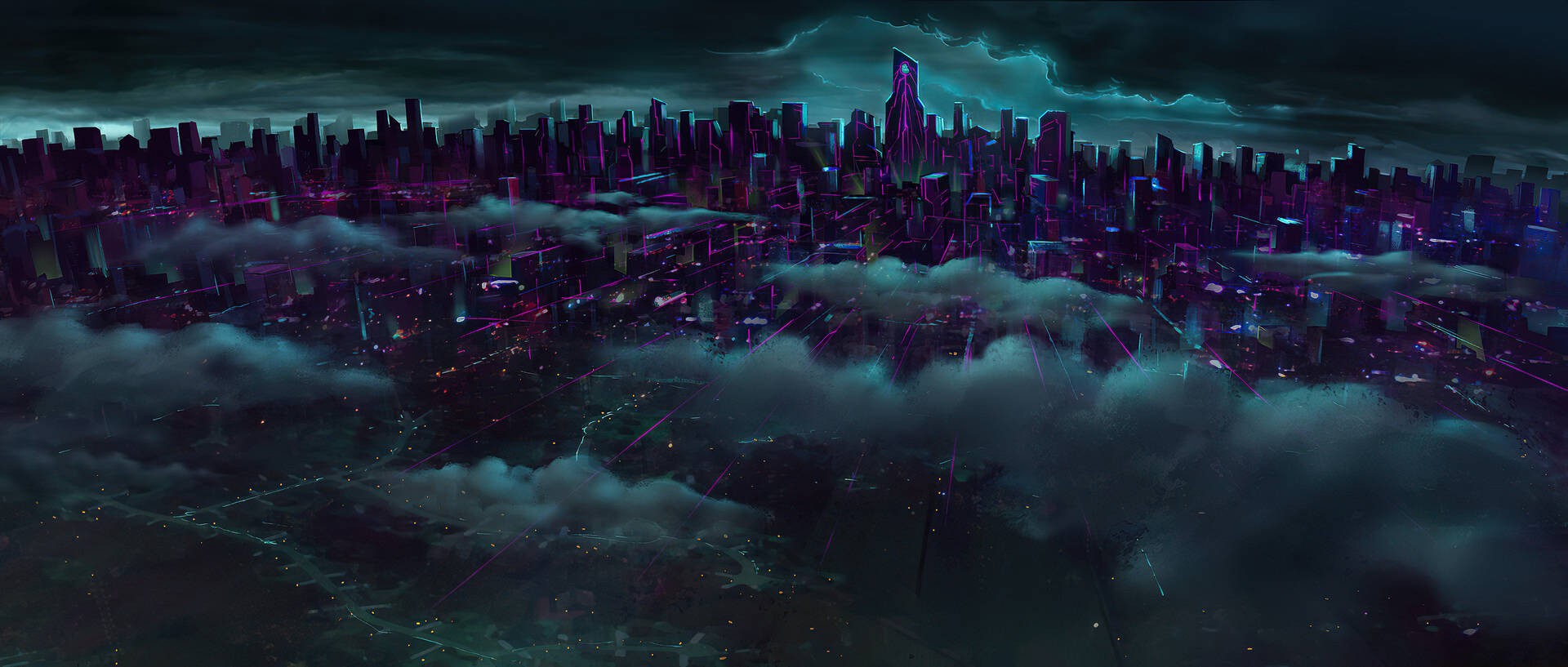 Futuristic Desktop Covered By Clouds Background