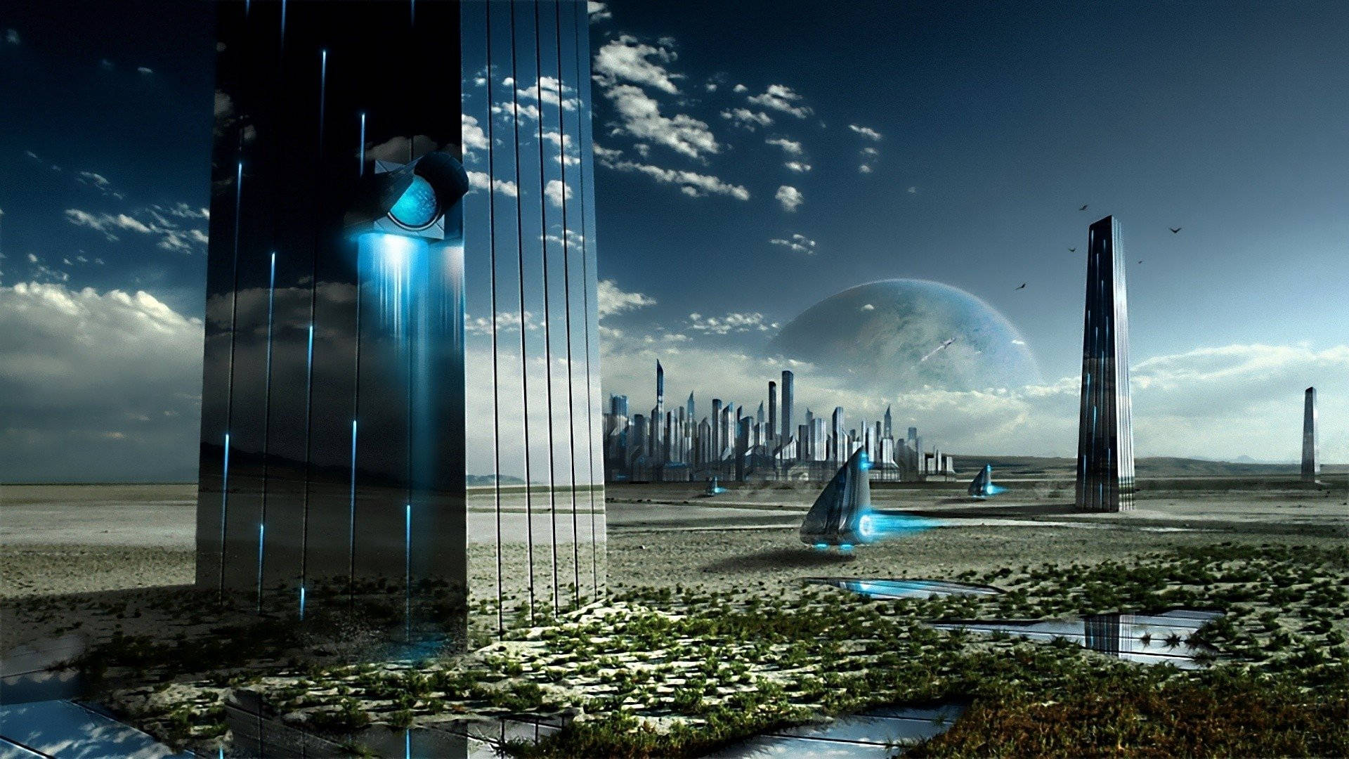 Futuristic Desktop With A Reflective Building Background