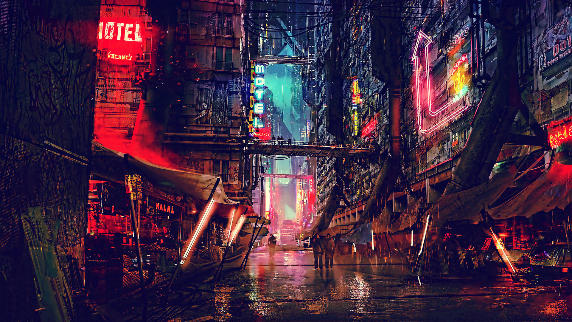 Futuristic Desktop With A Wet Alley Background