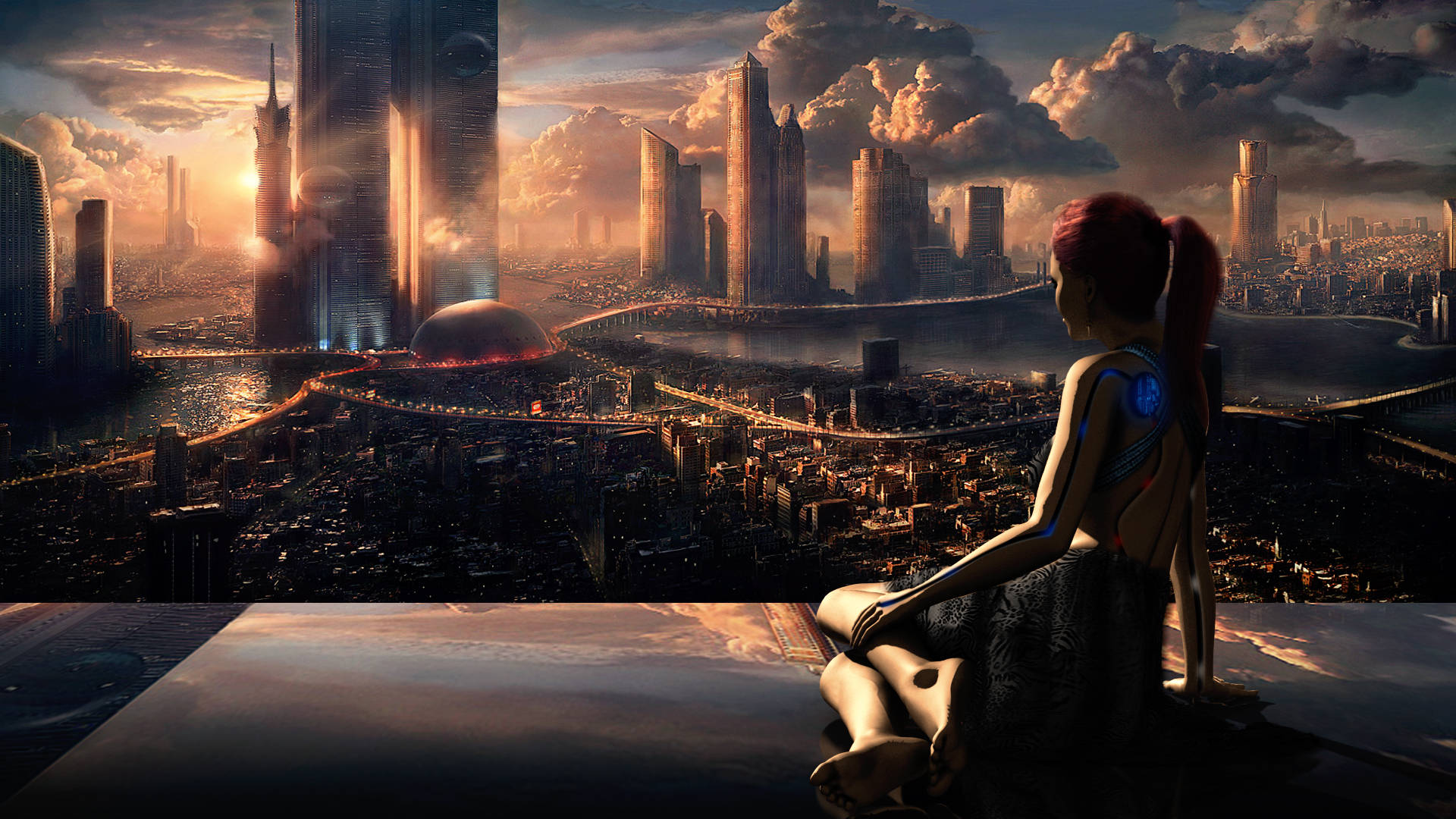 Futuristic Desktop With Girl Enjoying Sunset Background