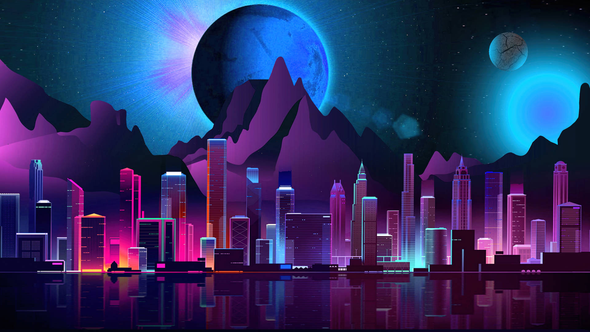 Futuristic Desktop With Moon Behind Mountain Background