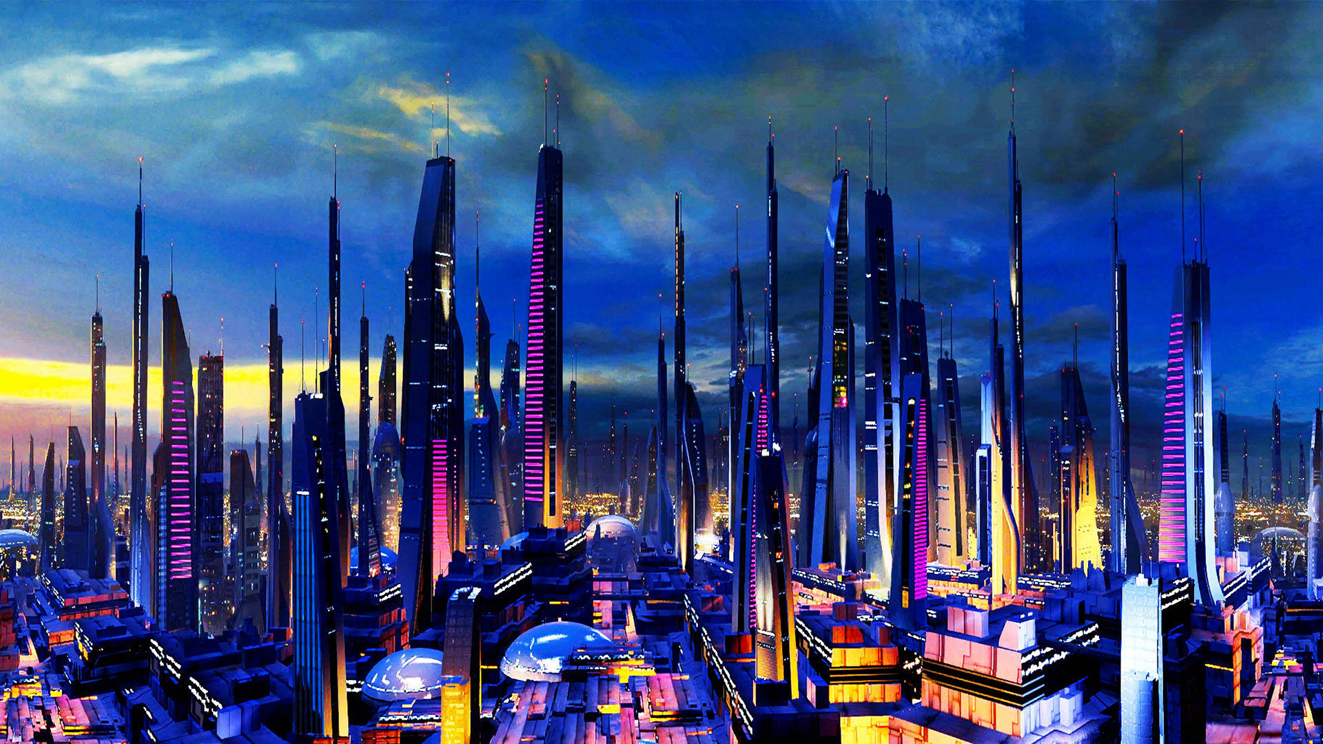 Futuristic Desktop With Spindly Buildings Background