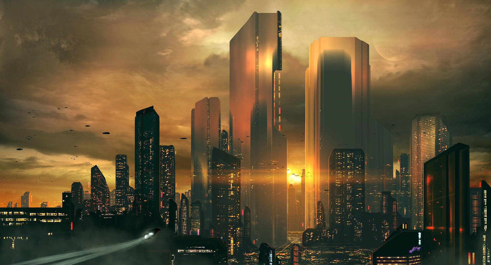 Futuristic Desktop With Sun Setting Background