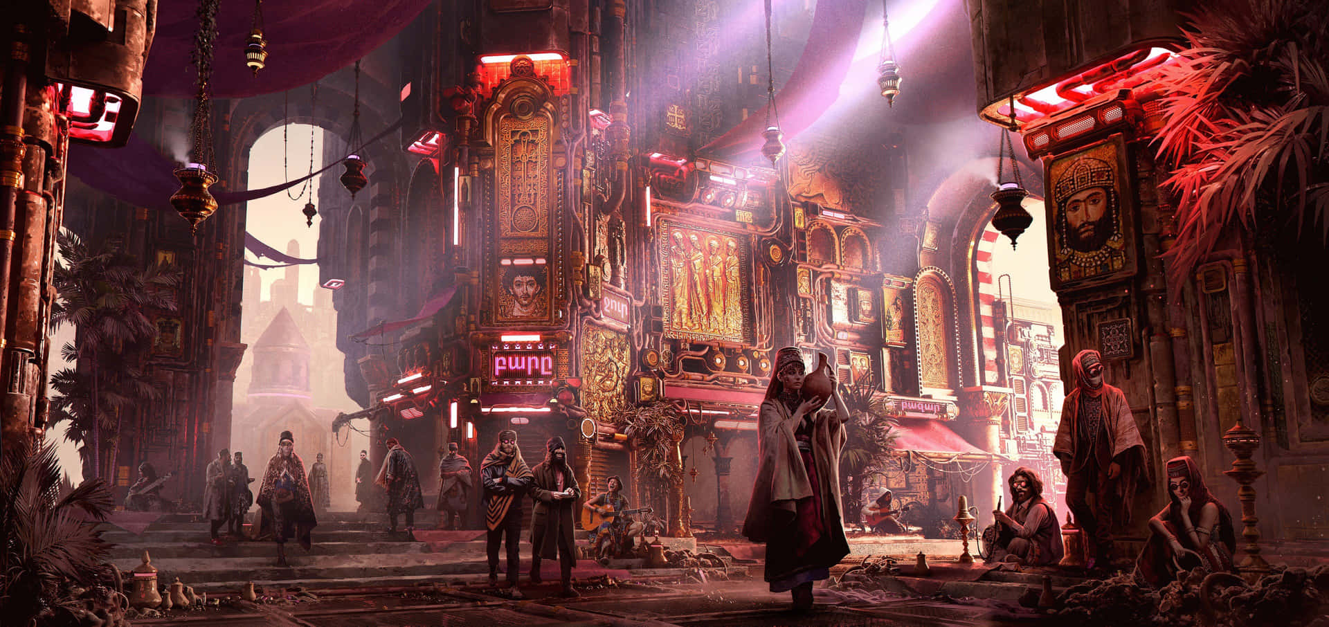 Futuristic Eastern Market Scene Background