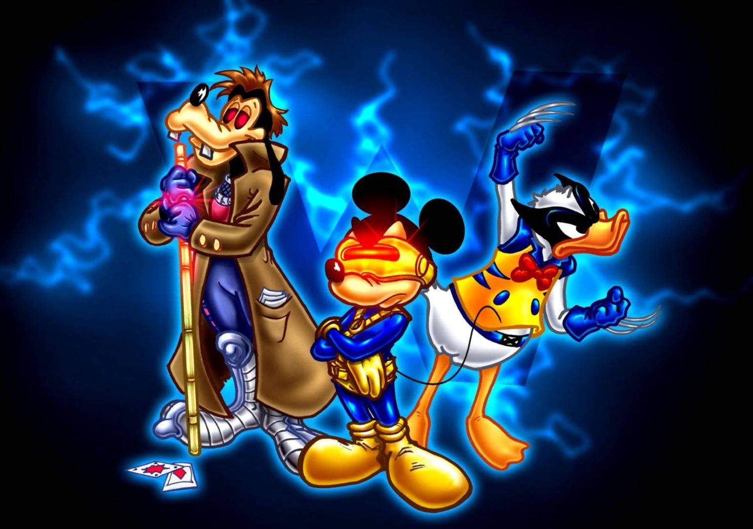 Futuristic Goofy, Mickey, And Donald Duck Background