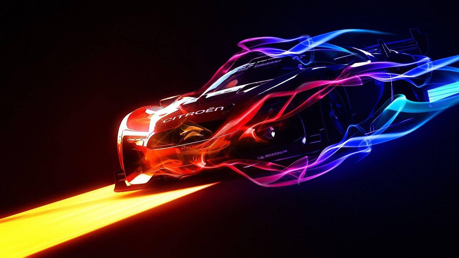 Futuristic Neon Fire Car On A Dynamic Desktop Background