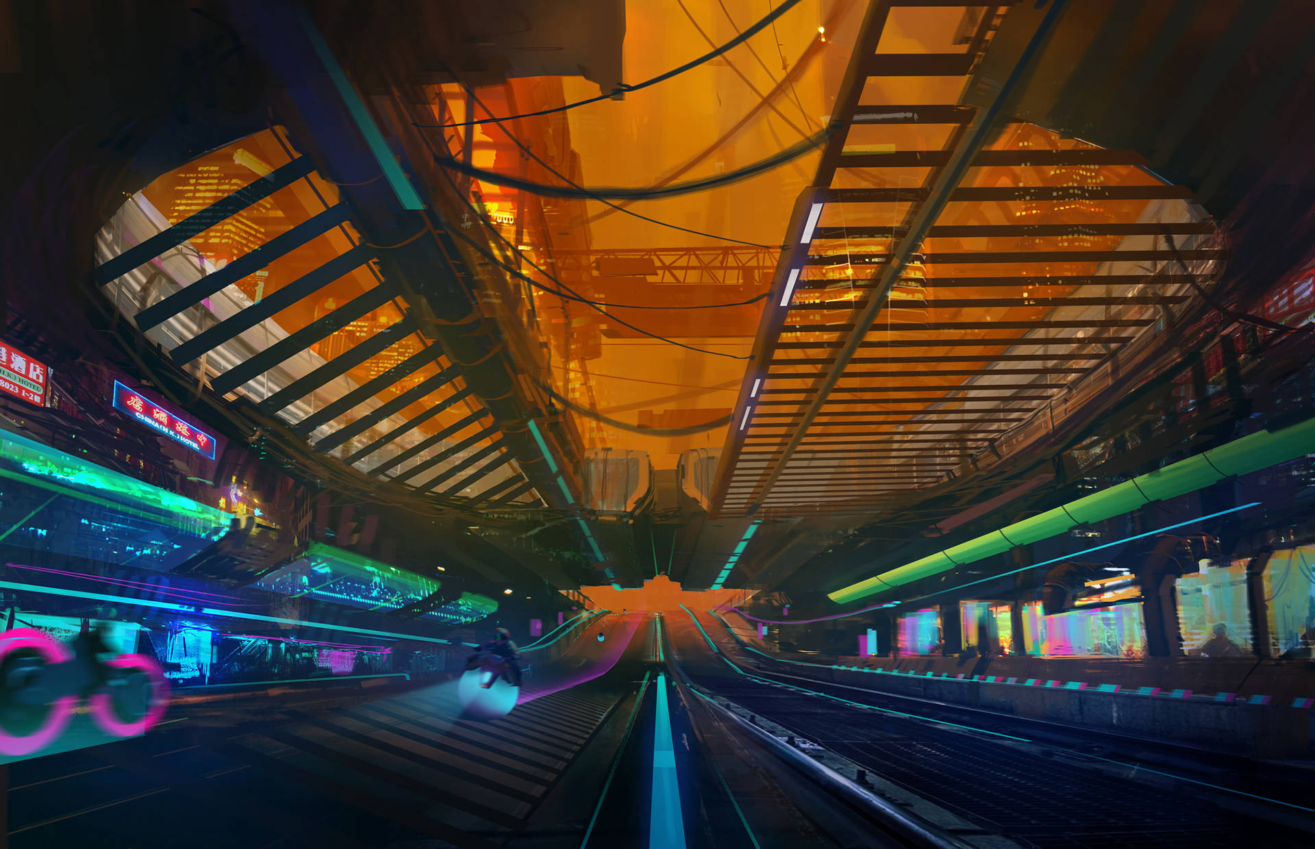 Futuristic Overpass In Cyberpunk City Background