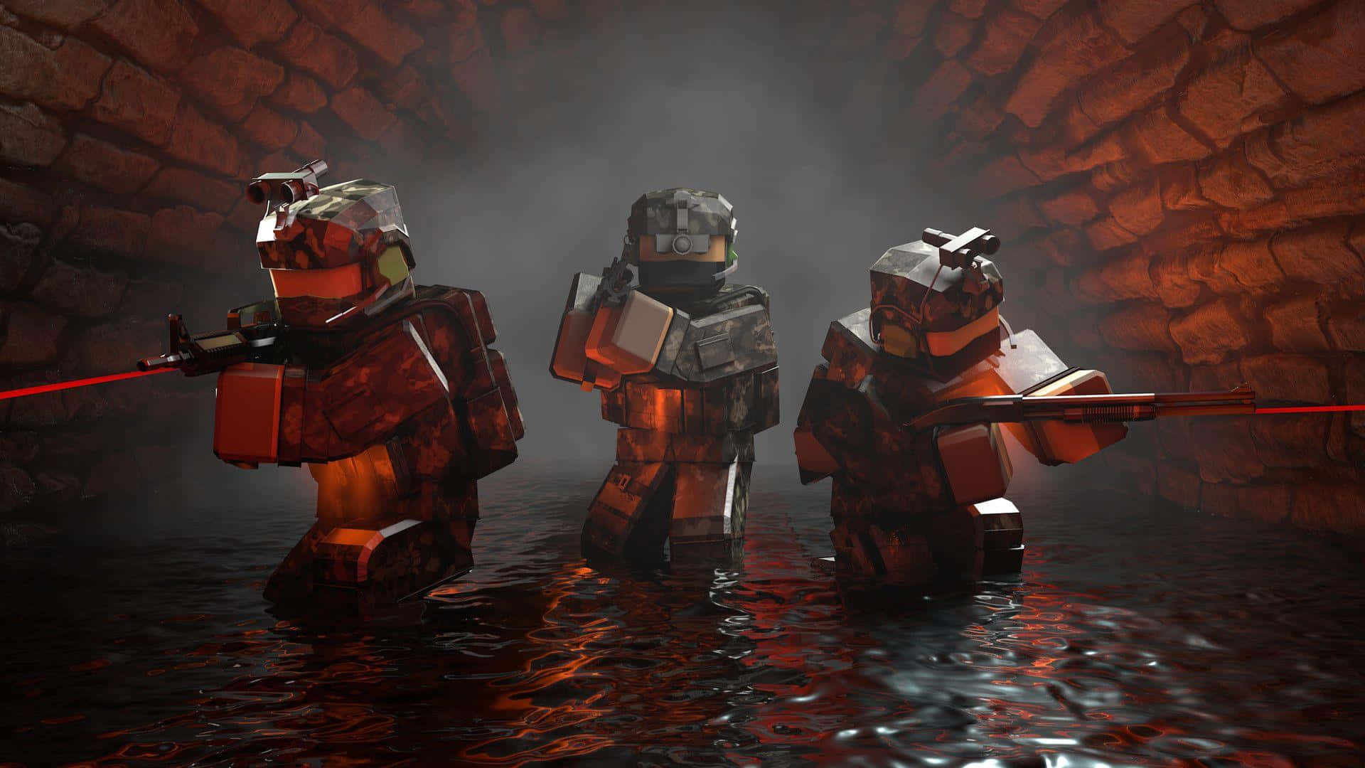 Futuristic Soldiers Wading Through Water Background