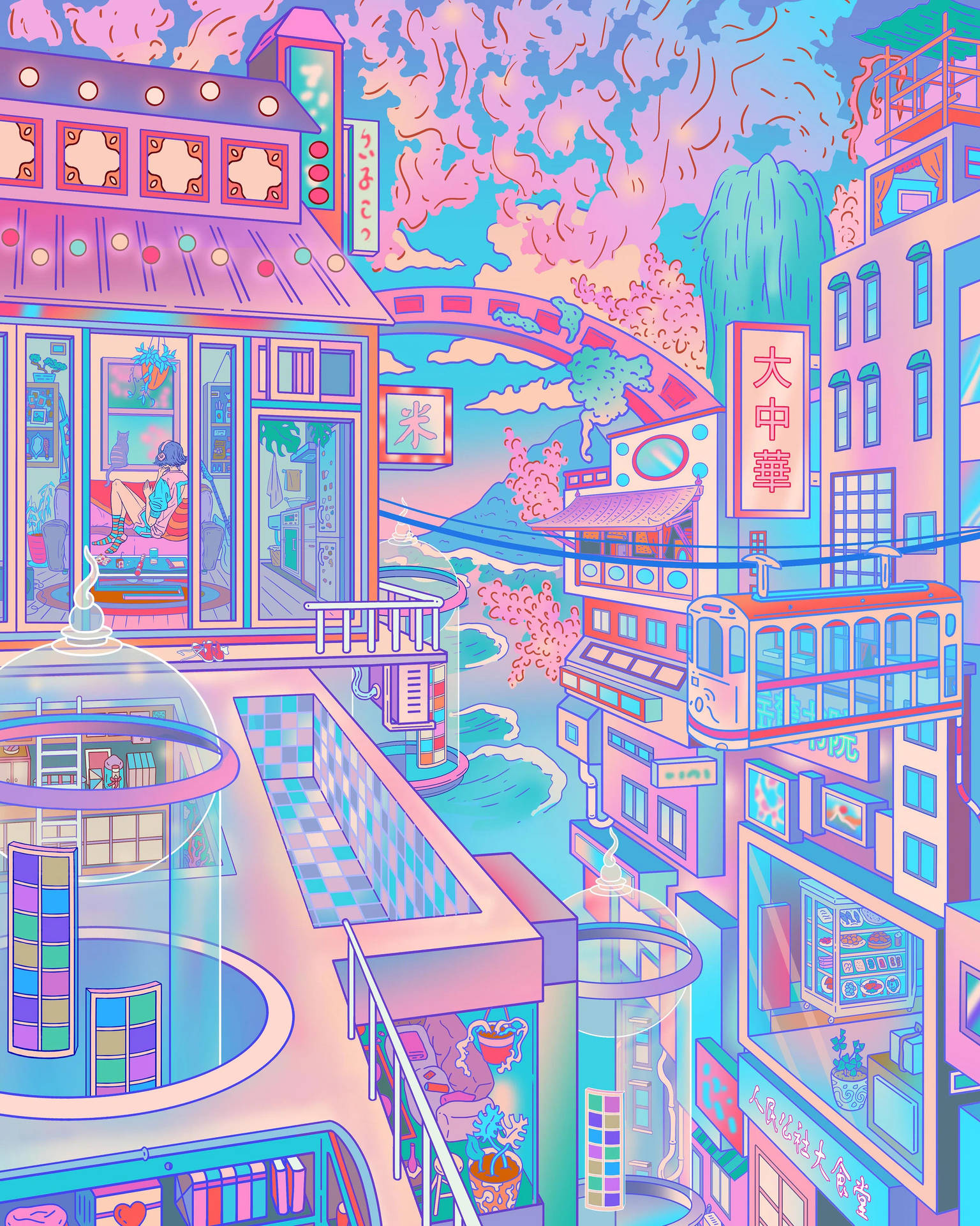 Futuristic World In Pastel Japanese Aesthetic Background