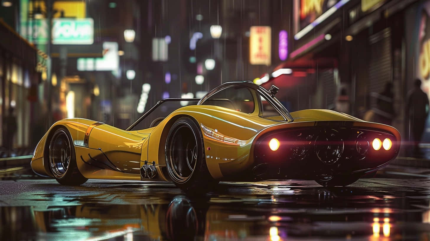 Futuristic Yellow Sports Carin Rainy City Night Background