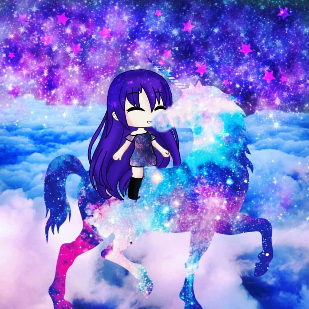 Gacha Girl Riding A Unicorn Glitters Background