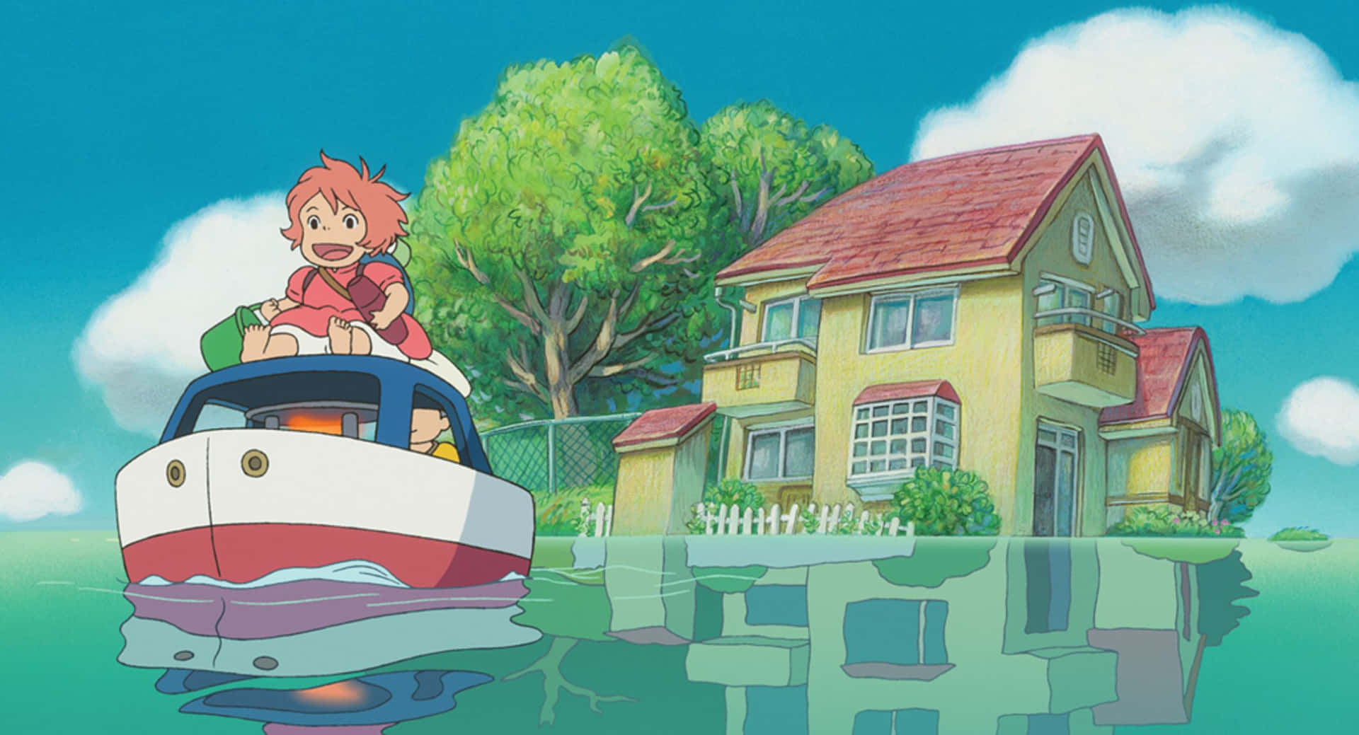 Gake No Ue No Ponyo Riding A Boat Background