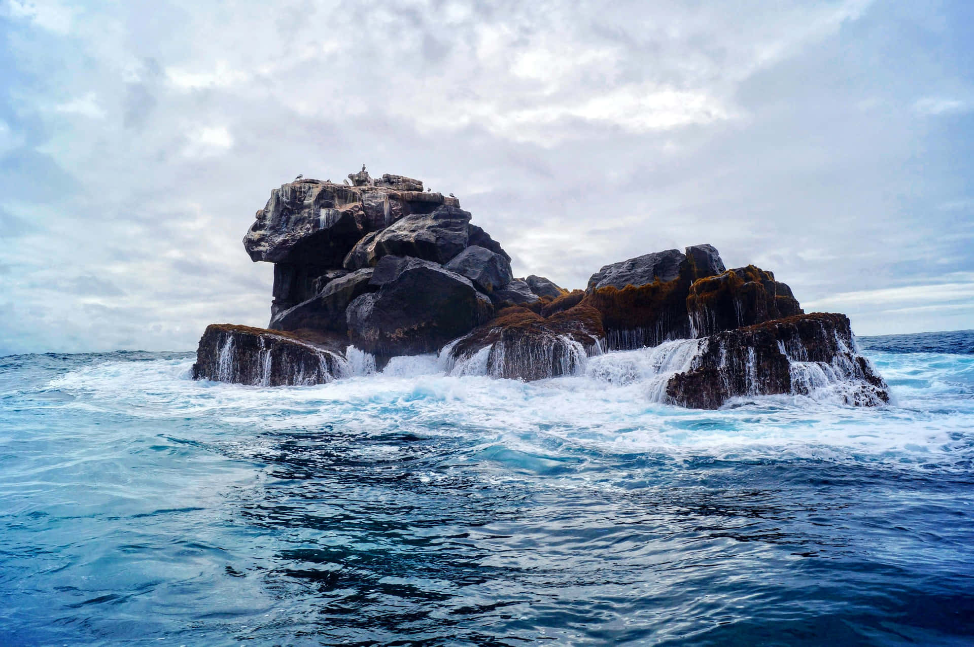 Galapagos_ Rocky_ Islet_ Surrounded_by_ Waves Background