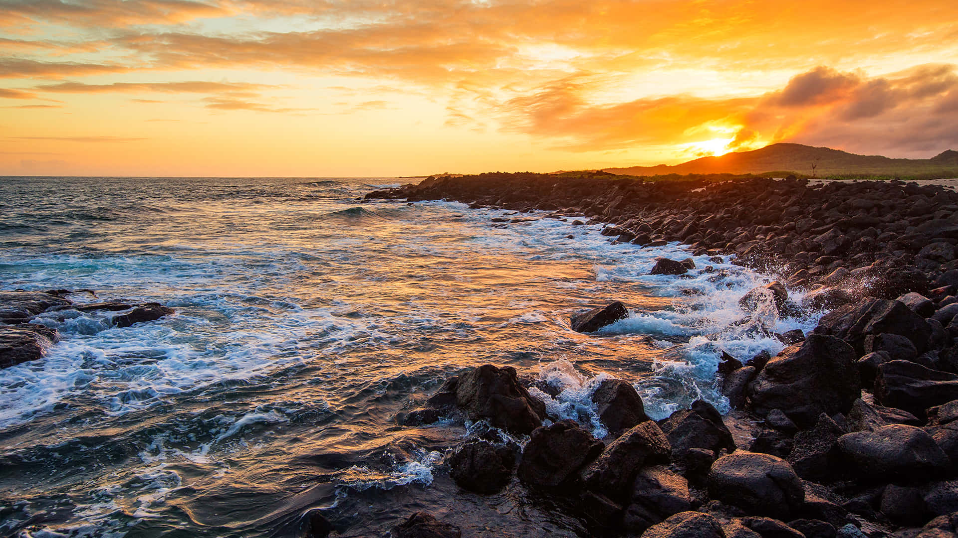 Galapagos Sunset Over Volcanic Rocks Background