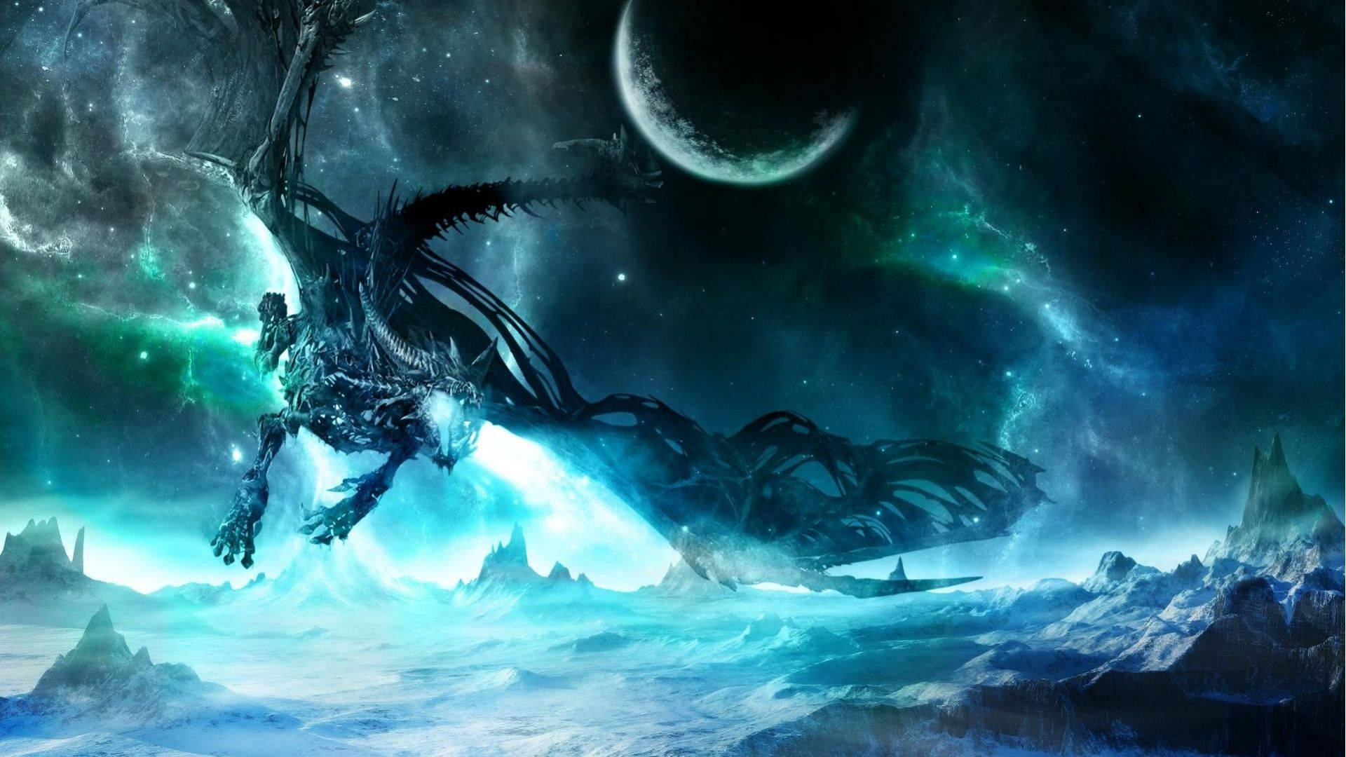 Galaxy Dragon Soaring Over Mountains Background