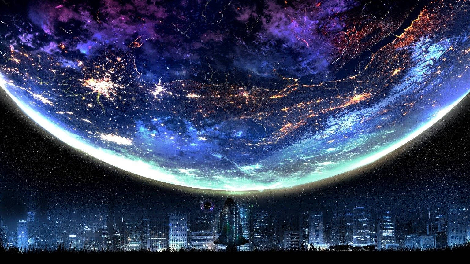 Galaxy Moon Above City Artwork Background