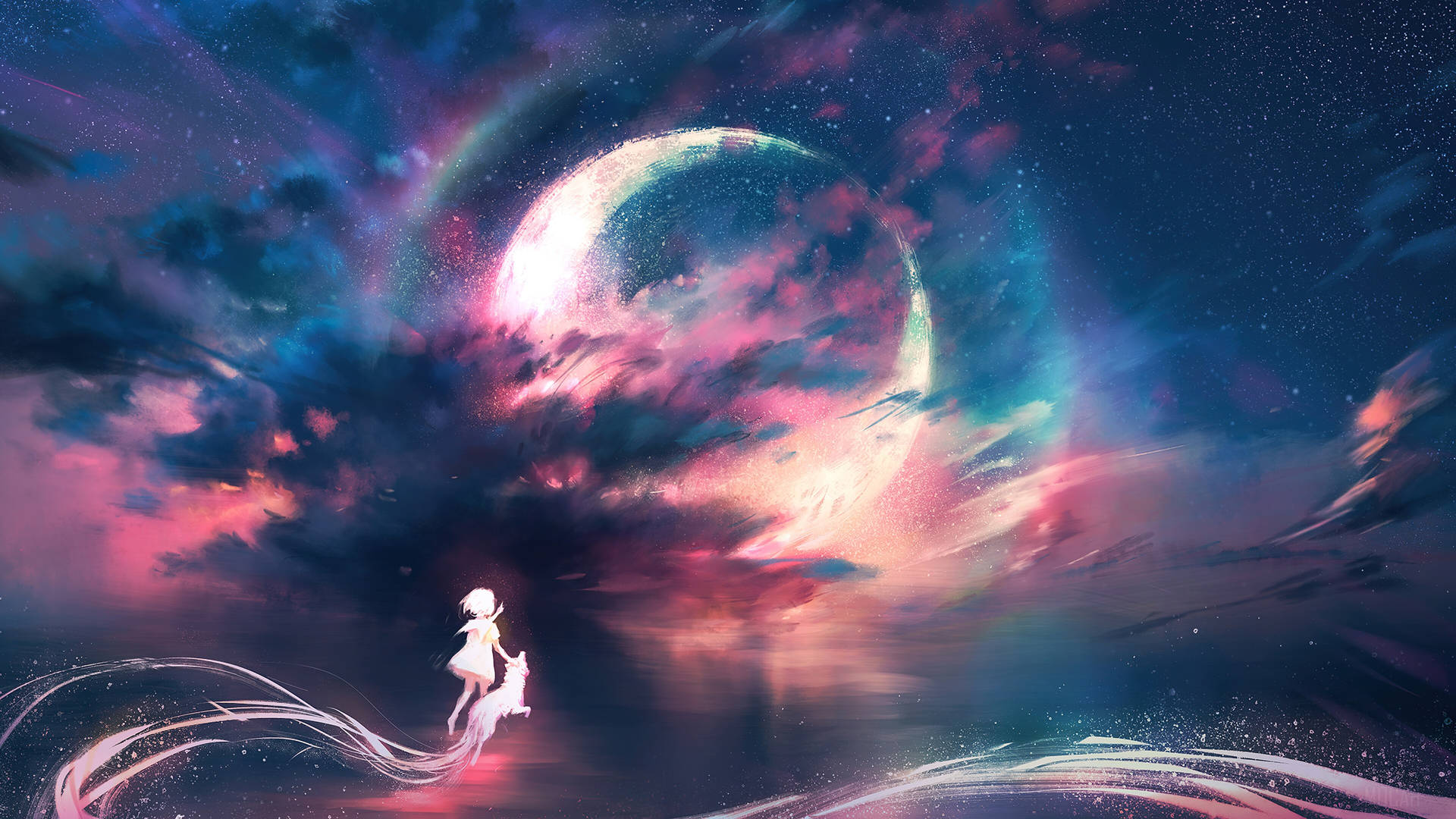 Galaxy Moon And Anime Girl Background