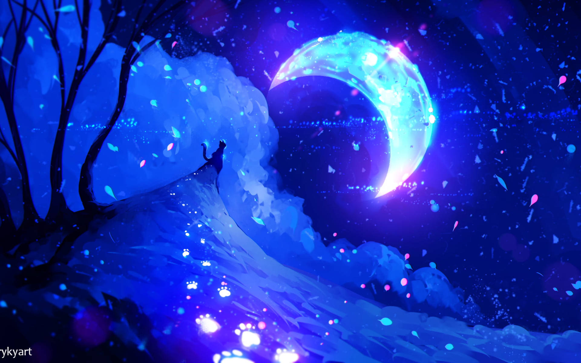 Galaxy Moon And Cat Fantasy Artwork Background