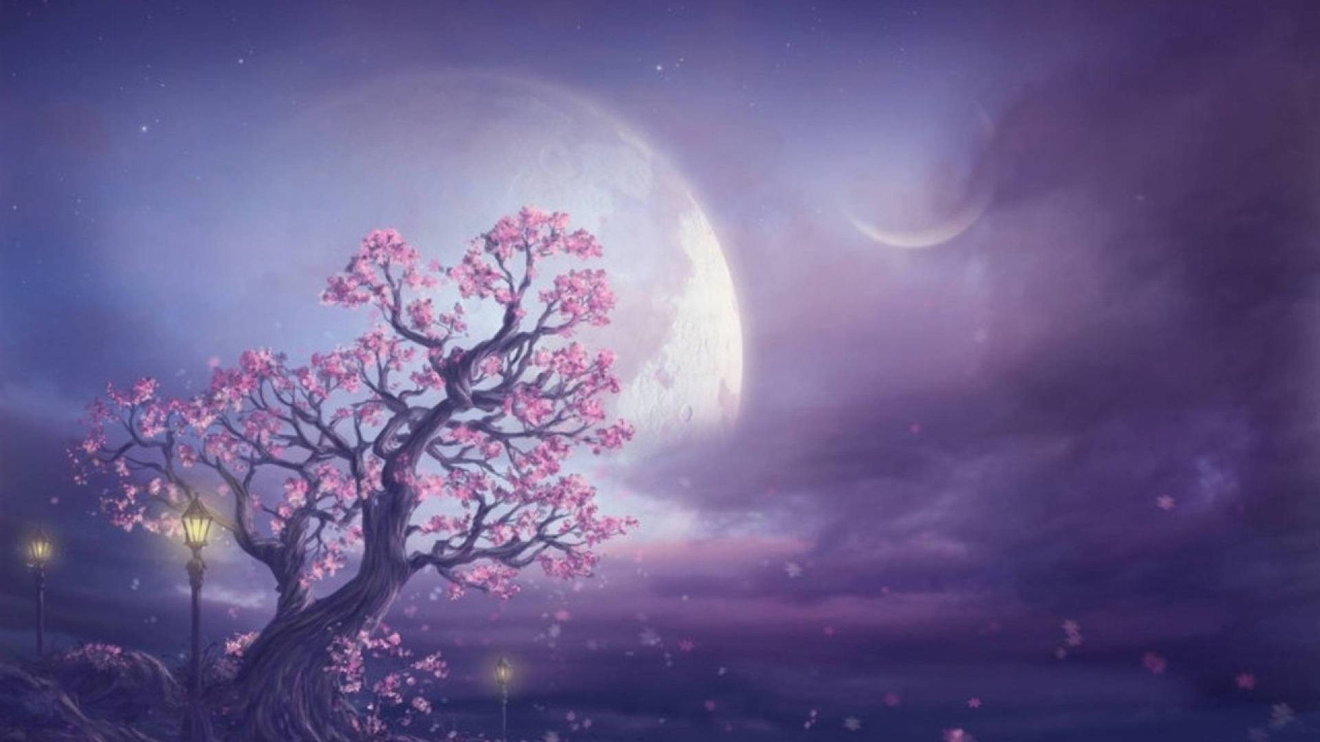Galaxy Moon And Cherry Blossom Tree Background