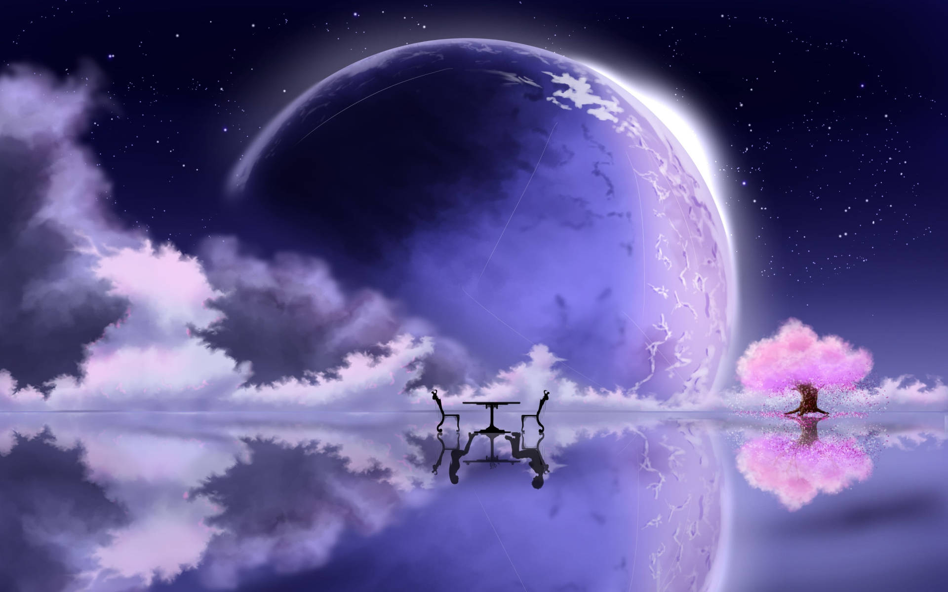 Galaxy Moon And Lake Fantasy Art Background