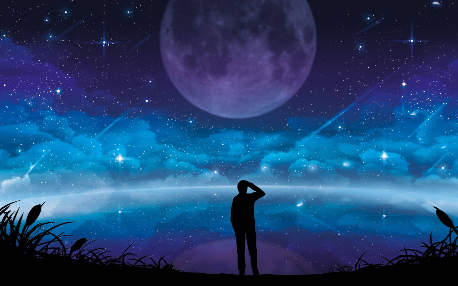 Galaxy Moon And Man Silhouette Background