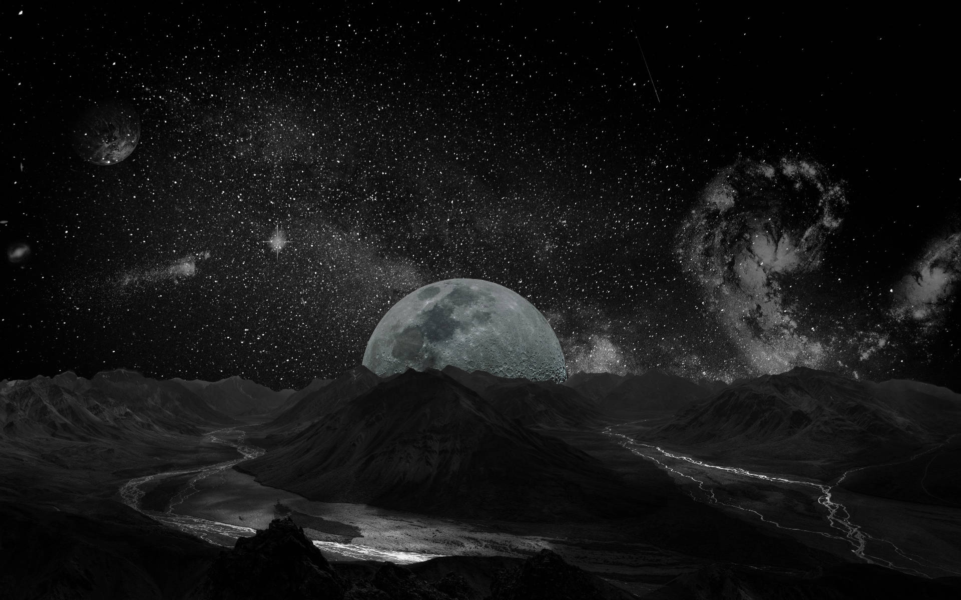 Galaxy Moon And Mountains Background