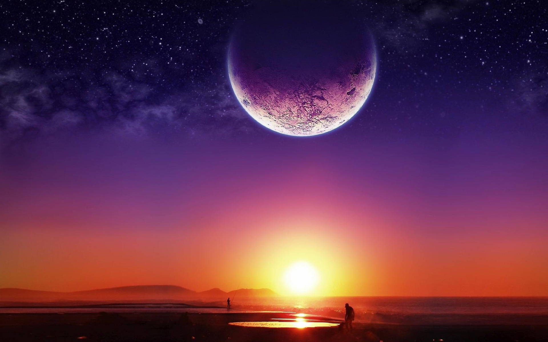 Galaxy Moon And Sunset Background