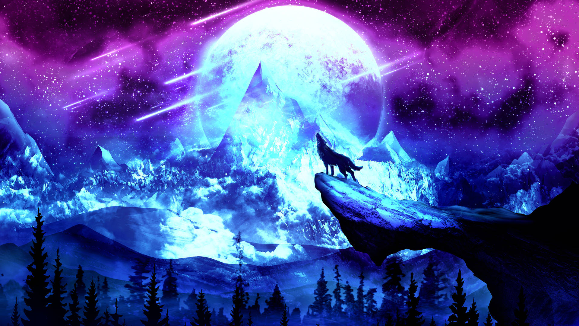 Galaxy Moon And Wolf Background
