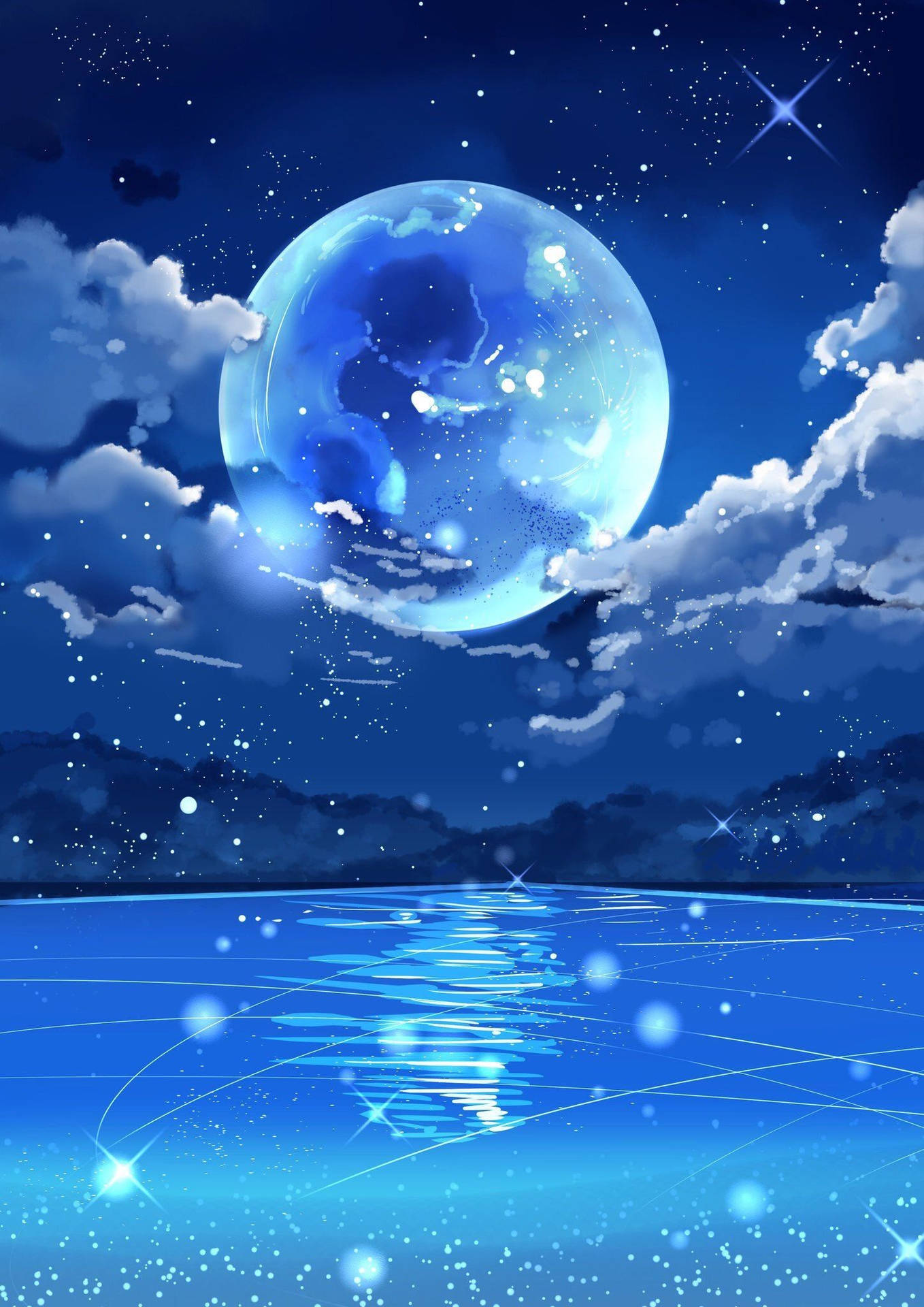 Galaxy Moon Clouds And Ocean Background