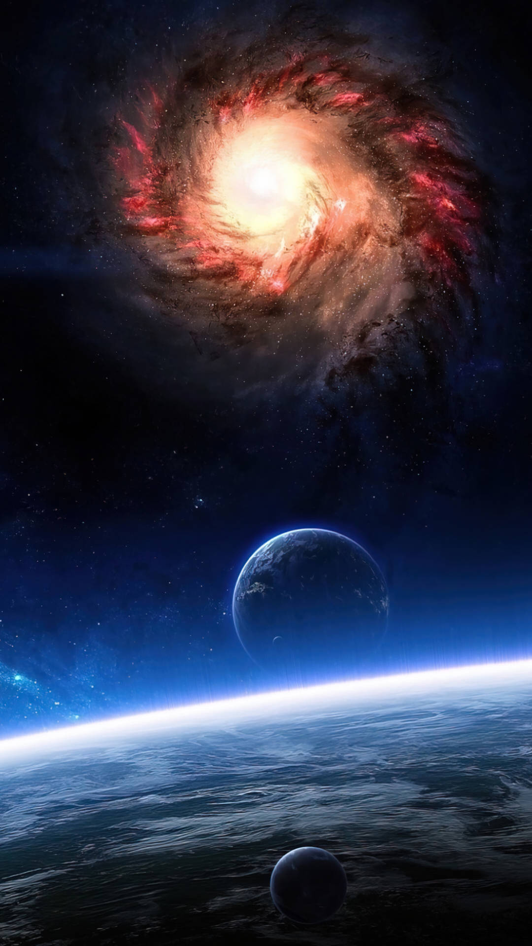 Galaxy Overlooking Planets In Space 4k Phone Background