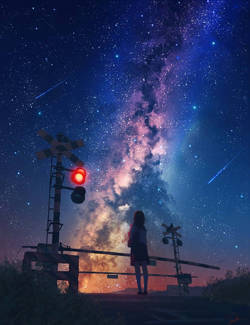 Galaxy Sky Girl Near Traffic Light Background