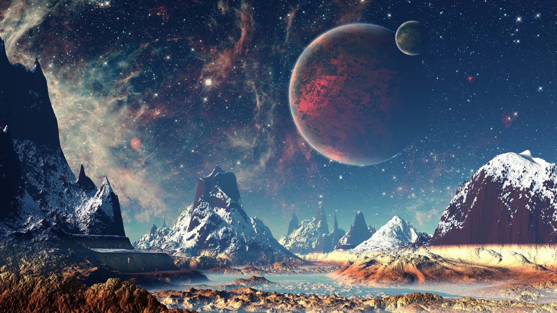Galaxy Sky Snowy Mountains Background