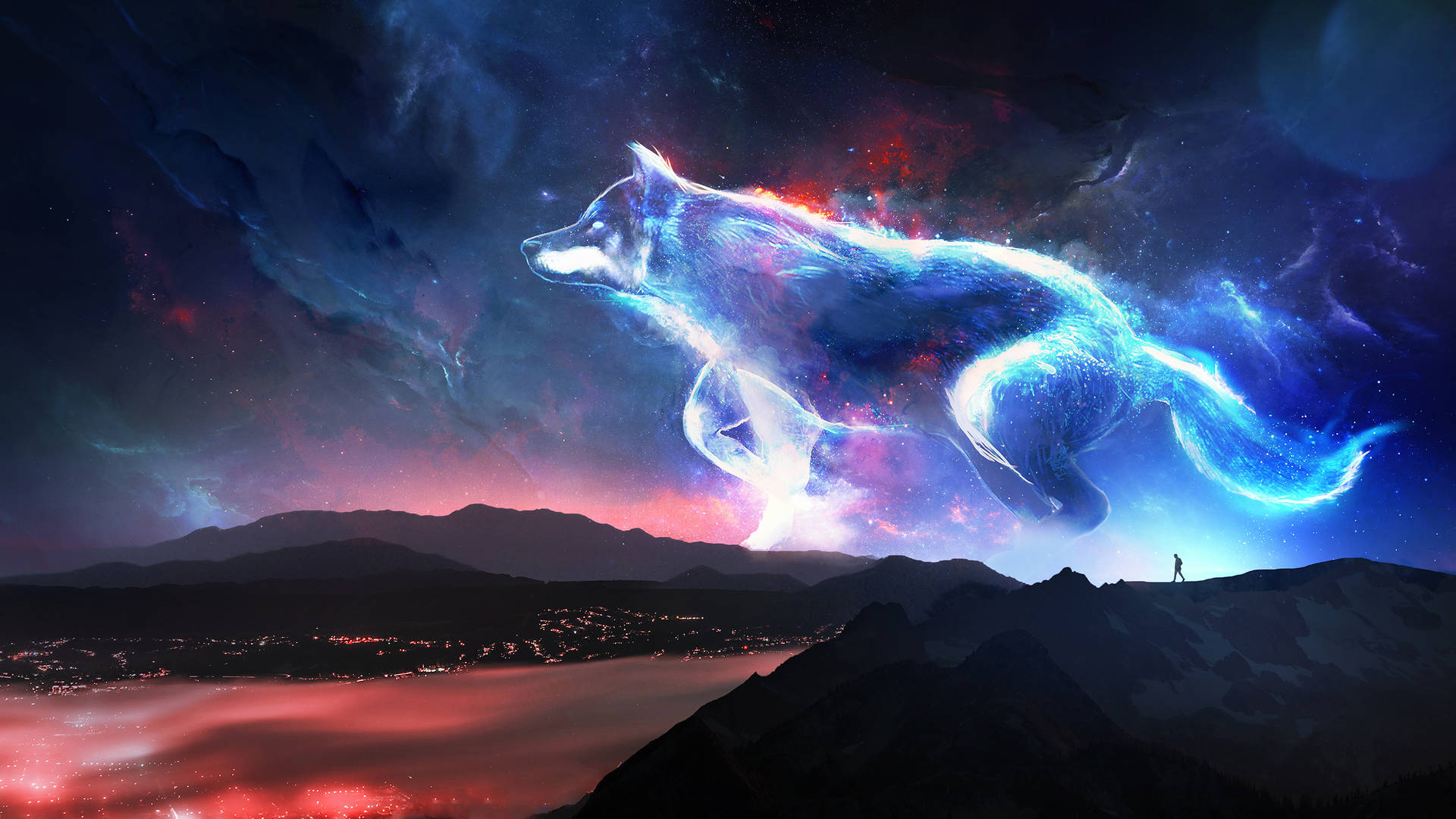 Galaxy Wolf On Nebula Skies Background