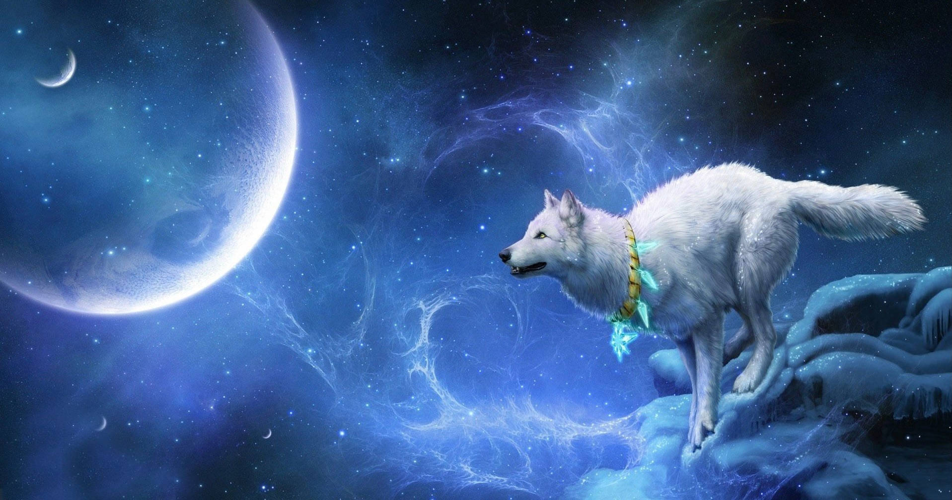 Galaxy Wolf Runs To Moon Background