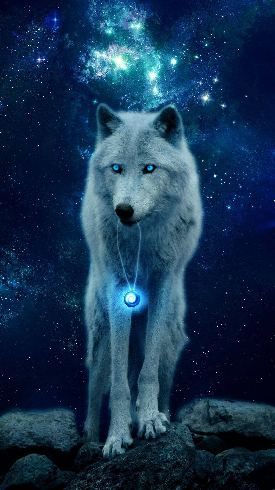 Galaxy Wolf With Glowing Pendant