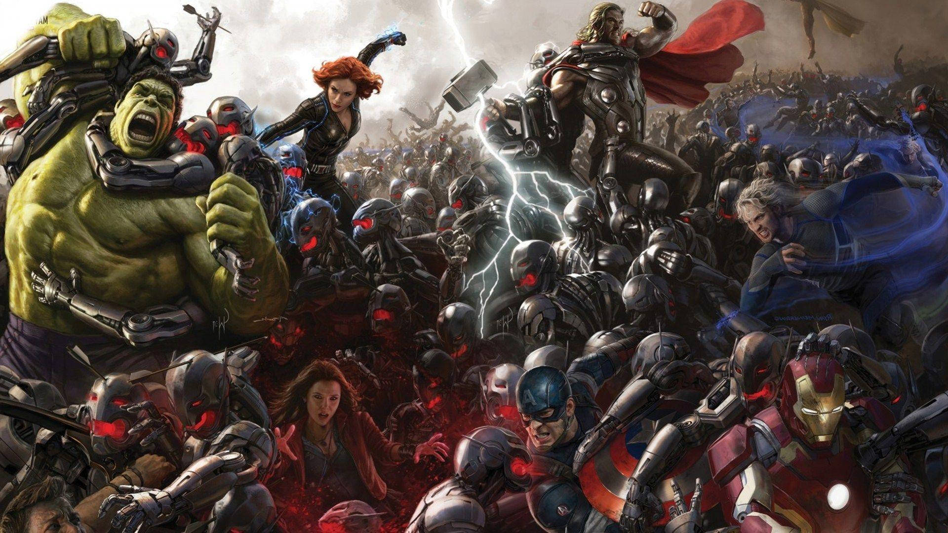 Gambar Avengers Fighting Ultron Droids Background