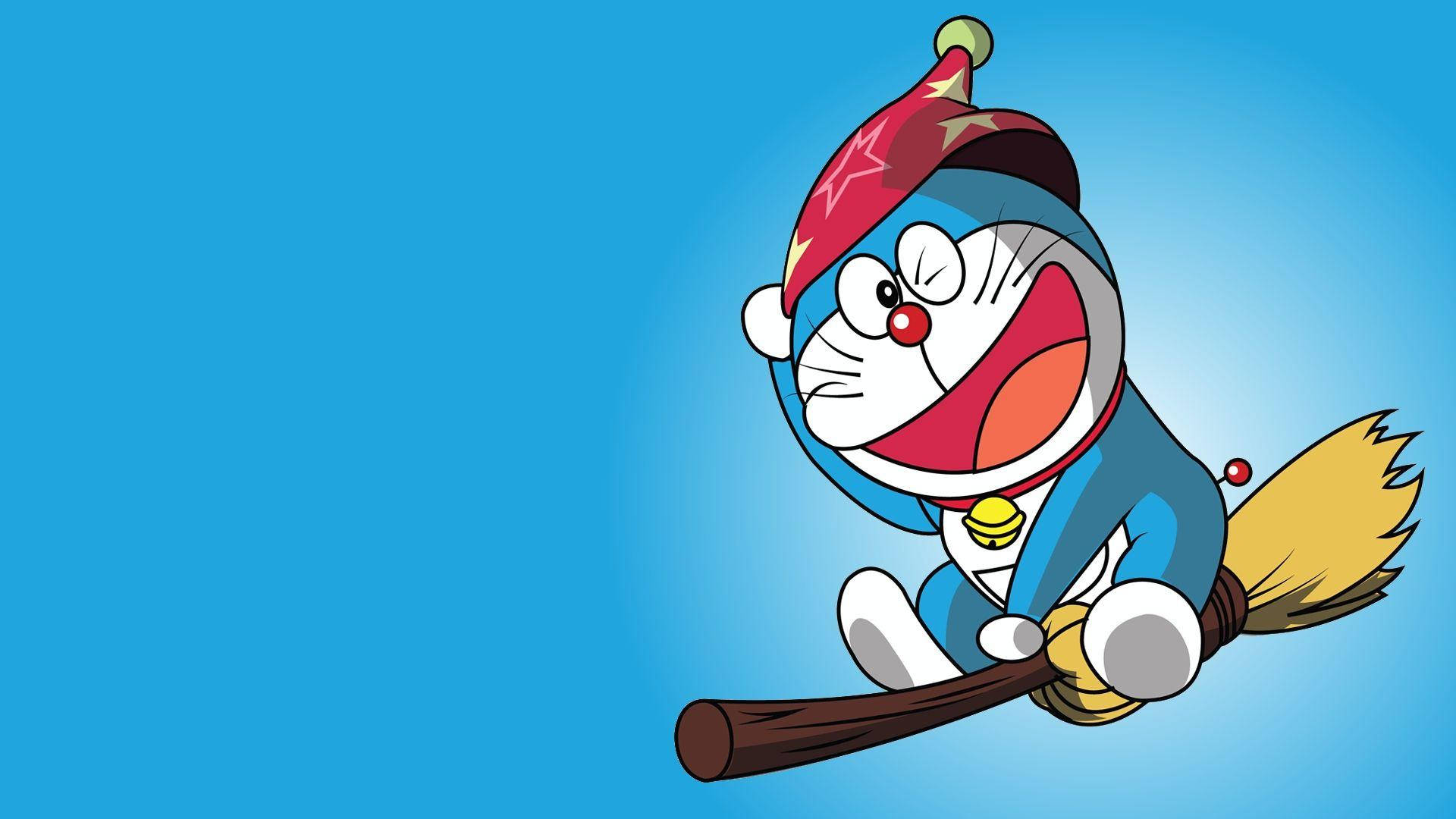 Gambar Doraemon Flying On Broom Background
